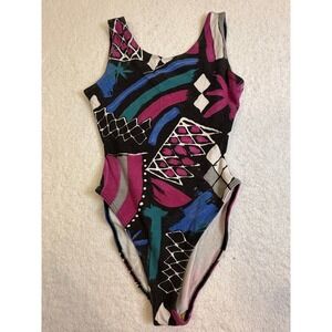 Vintage Marika Abstract Geometric Bodysuit Swimsuit Neon 80s 90s High Cut Small